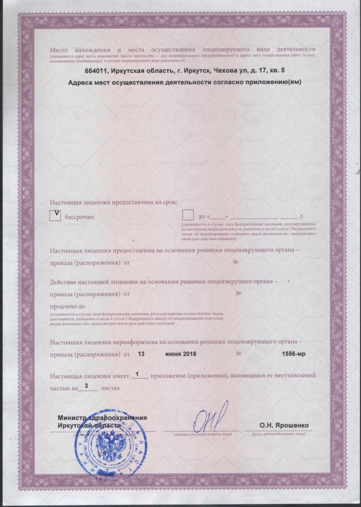 Лицензия на медицинскую деятельность, страница 2 (скан лицензии 2018 года)
